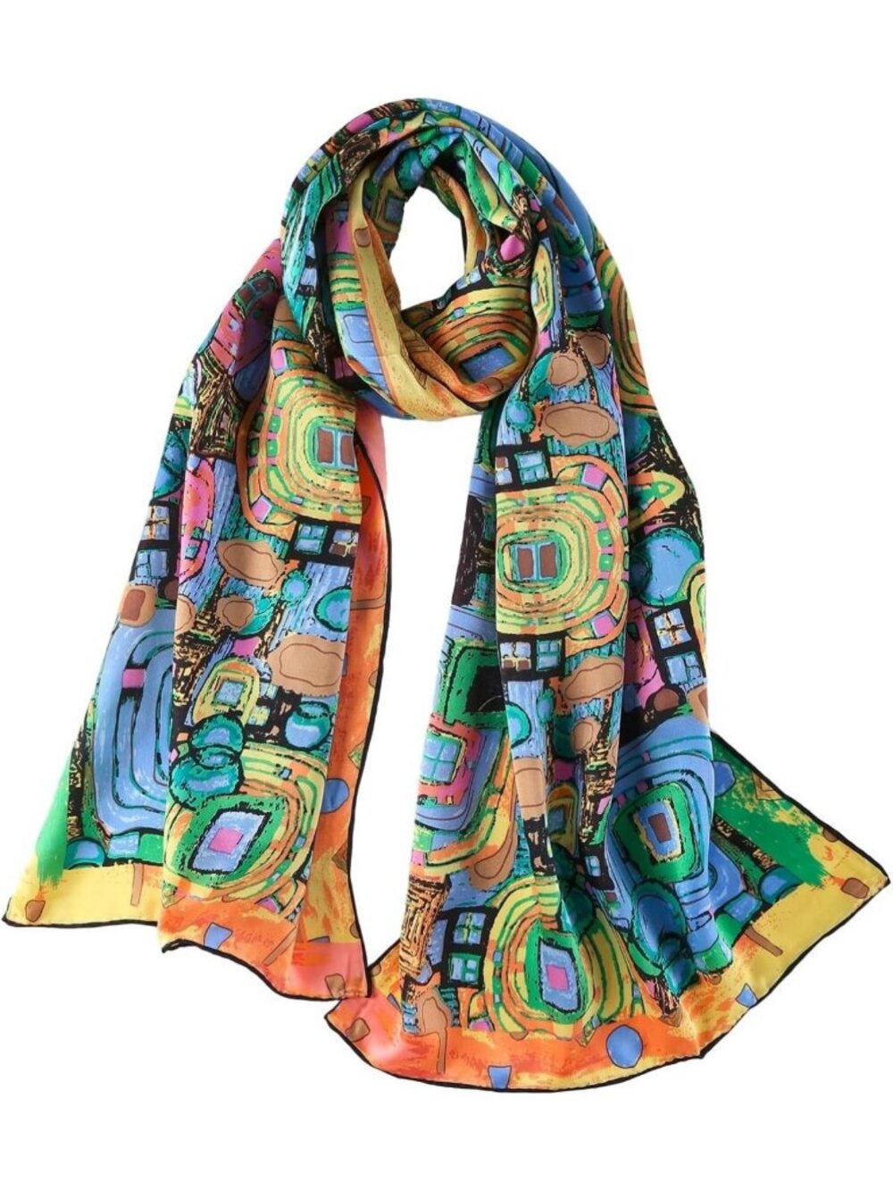 Elegant Long Charmeuse Silk Scarf with Classic Art Print - Luxury Fashion